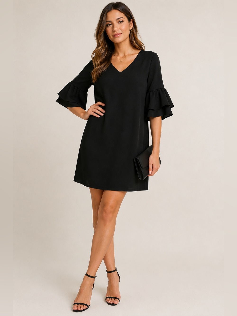 BELONGSCI Black V Neck Bell Sleeve Shift Mini Dress Size M NWT